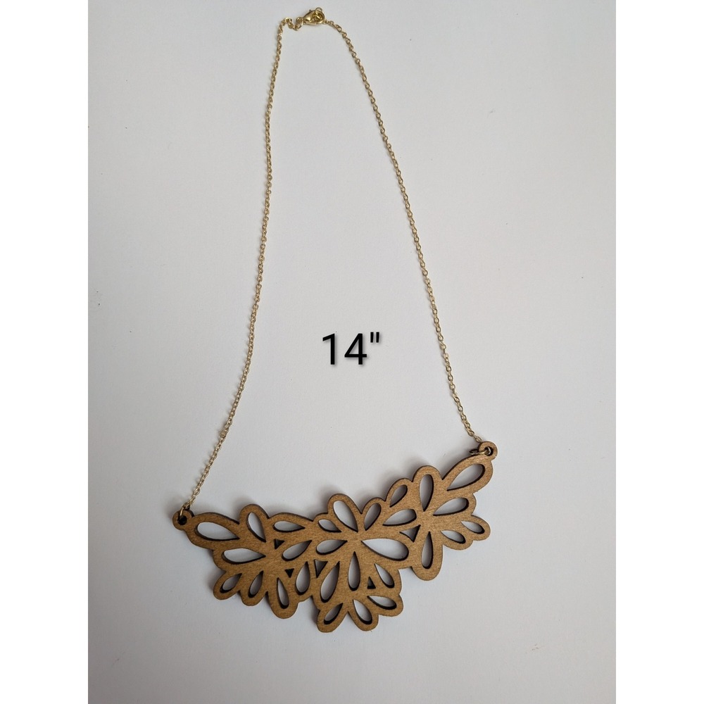 Handmade Wooden Floral Bib Necklace Gold Tone Chain Laser Cut Wood 14in
